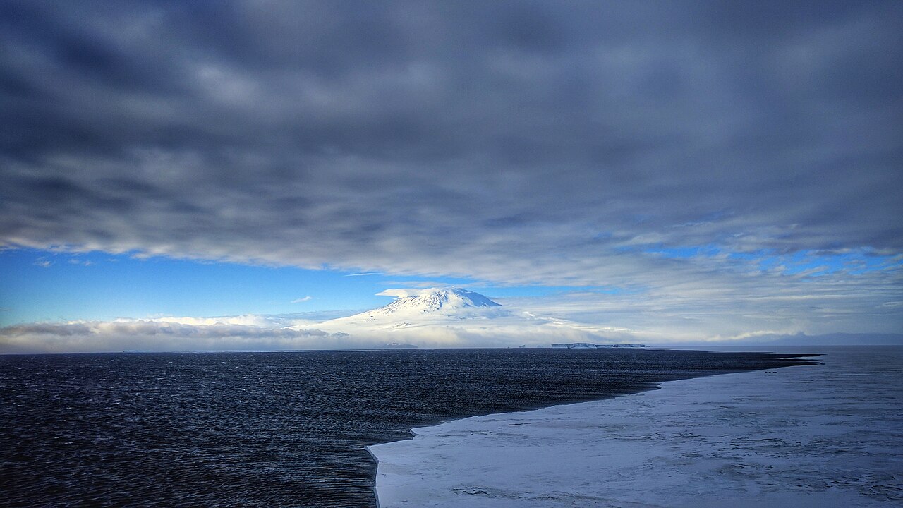 Mount Erebus, the snow-covered active volcano on Ross Island in Antarctica