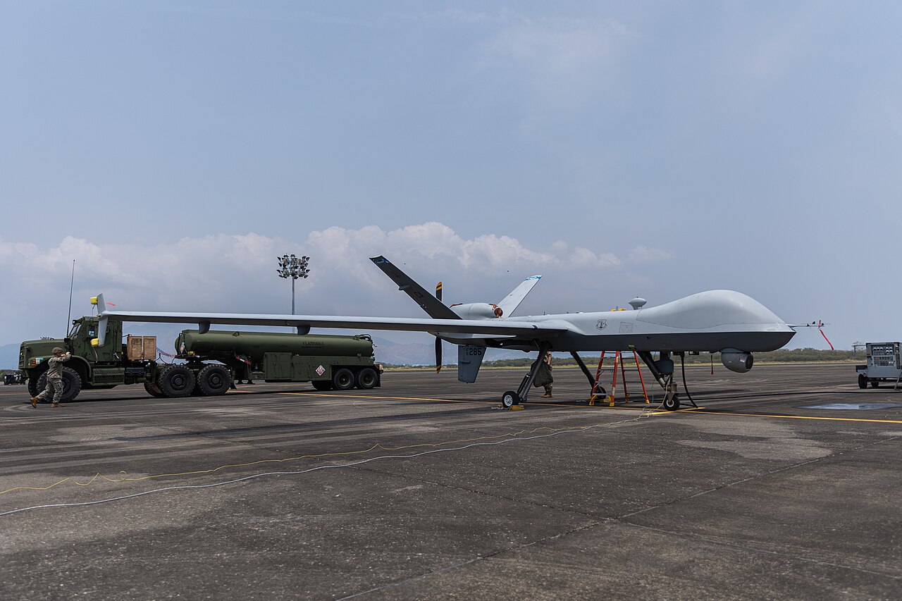 An MQ-9A Reaper being refuelled on the ground