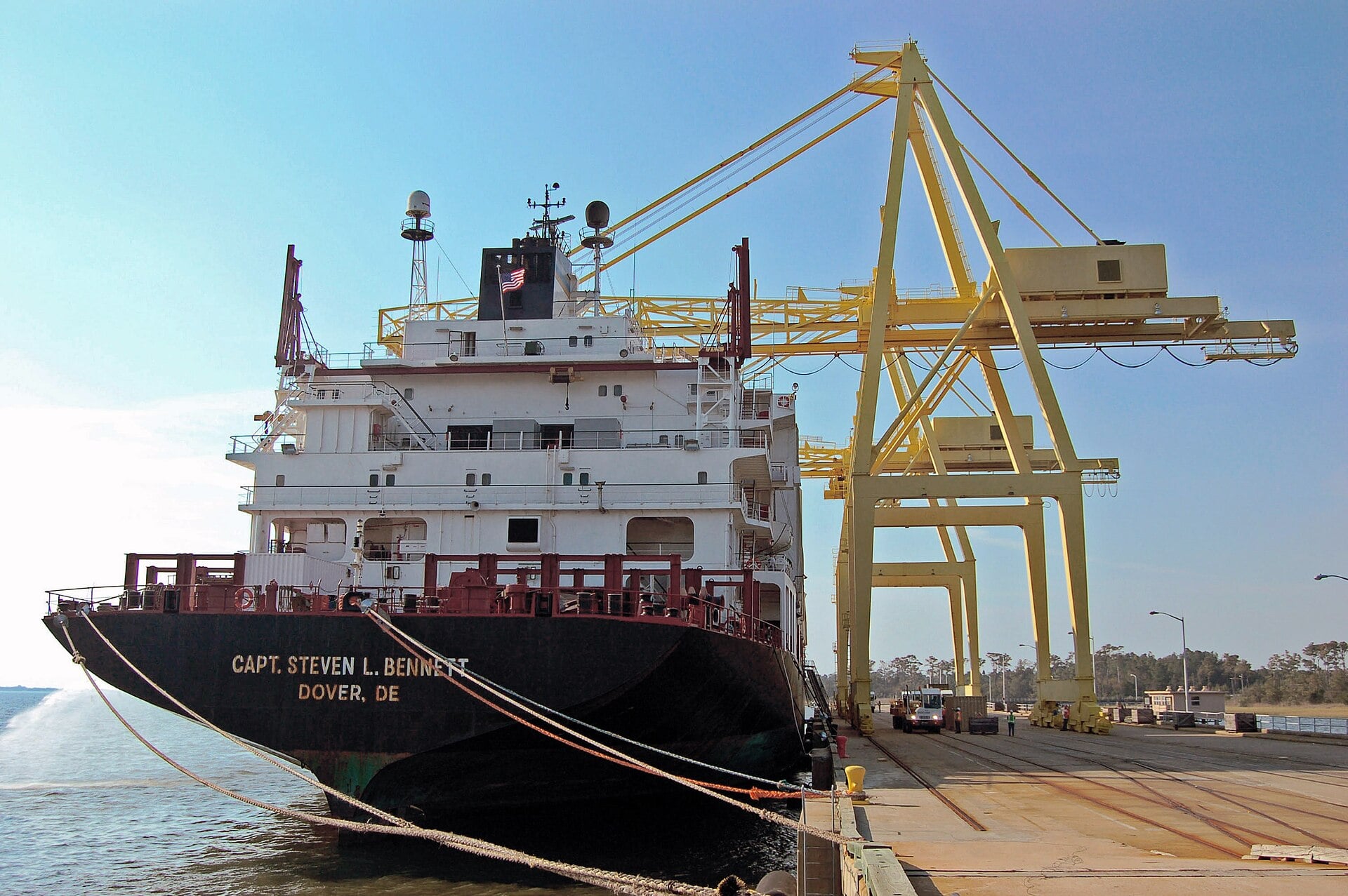 The prepositioning ship MV Capt. Steven L. Bennett moored at Military Ocean Terminal Sunny Point, North Carolina