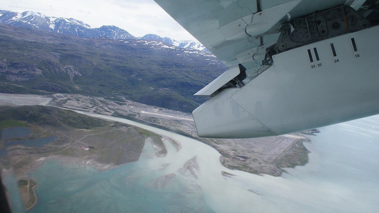 Narsarsuaq Airport runway from the air The runway at Narsarsuaq in Greenland seen from an aircraft over the fjord