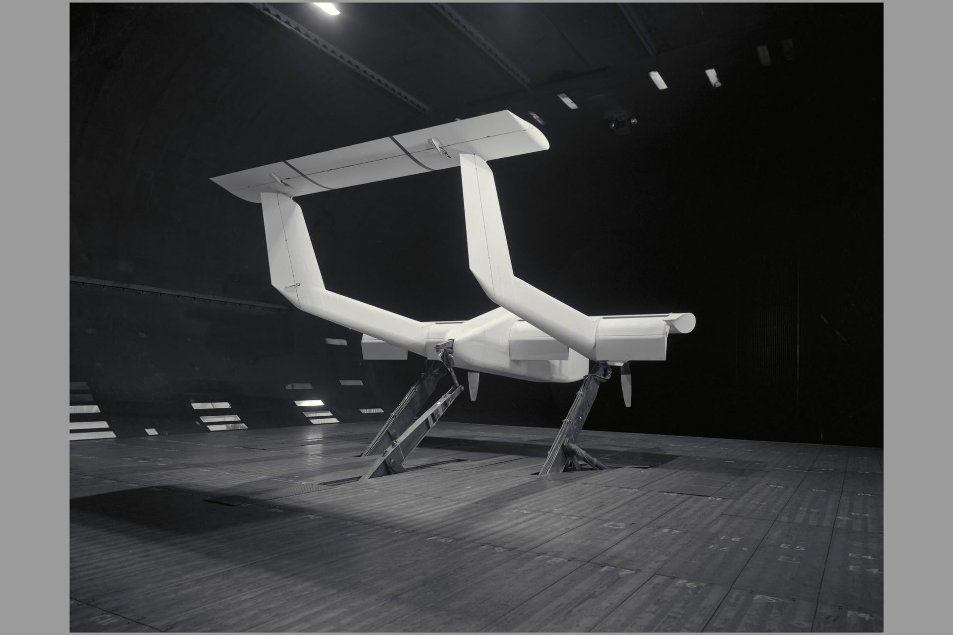A wind tunnel model with flaps deployed at NASA Ames