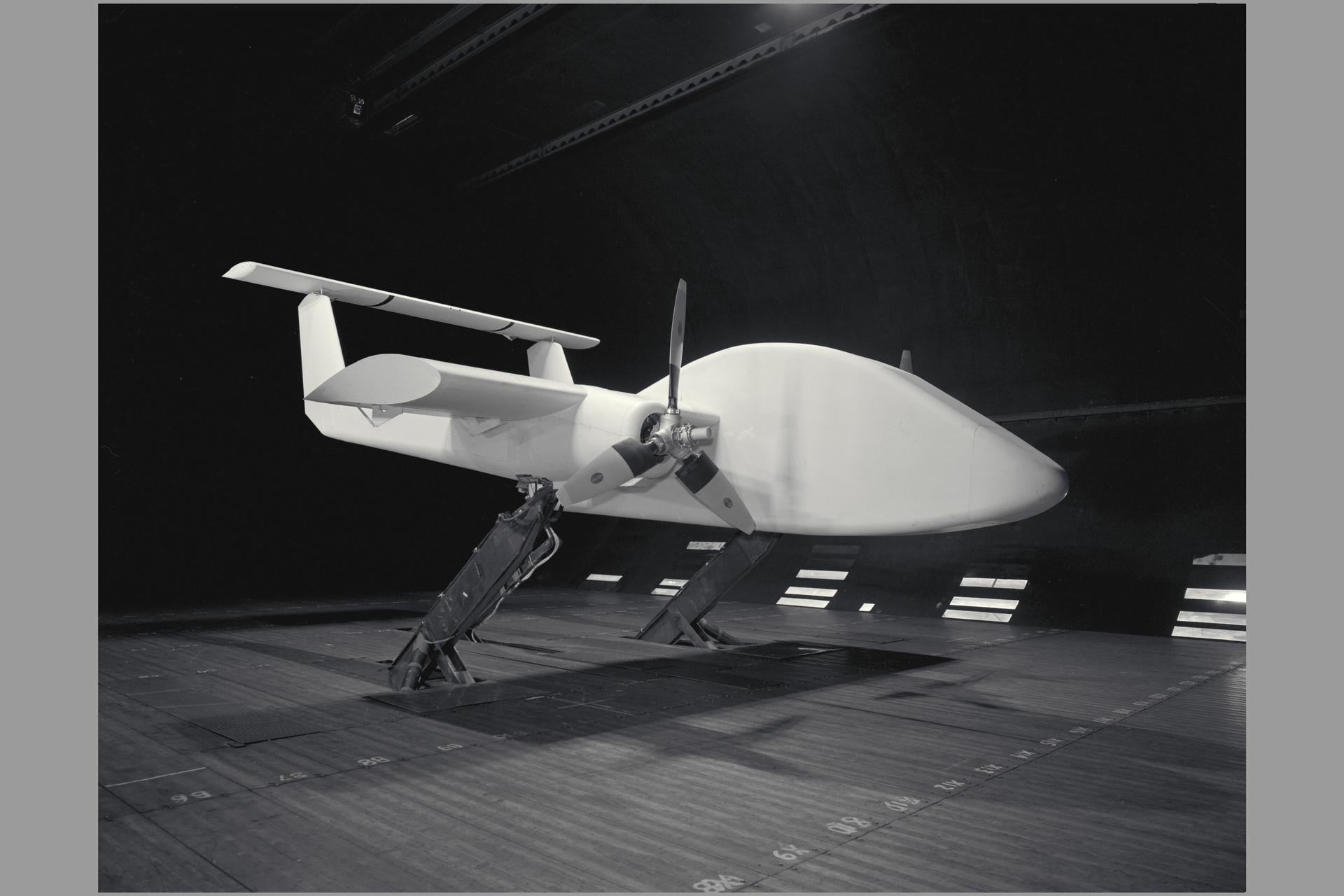 A three-quarter front view of a wind tunnel model with flaps retracted at NASA Ames