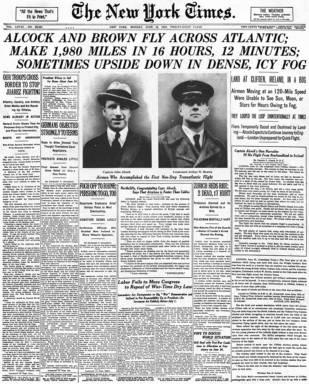 New York Times front page 16 June 1919 on Alcock and Brown