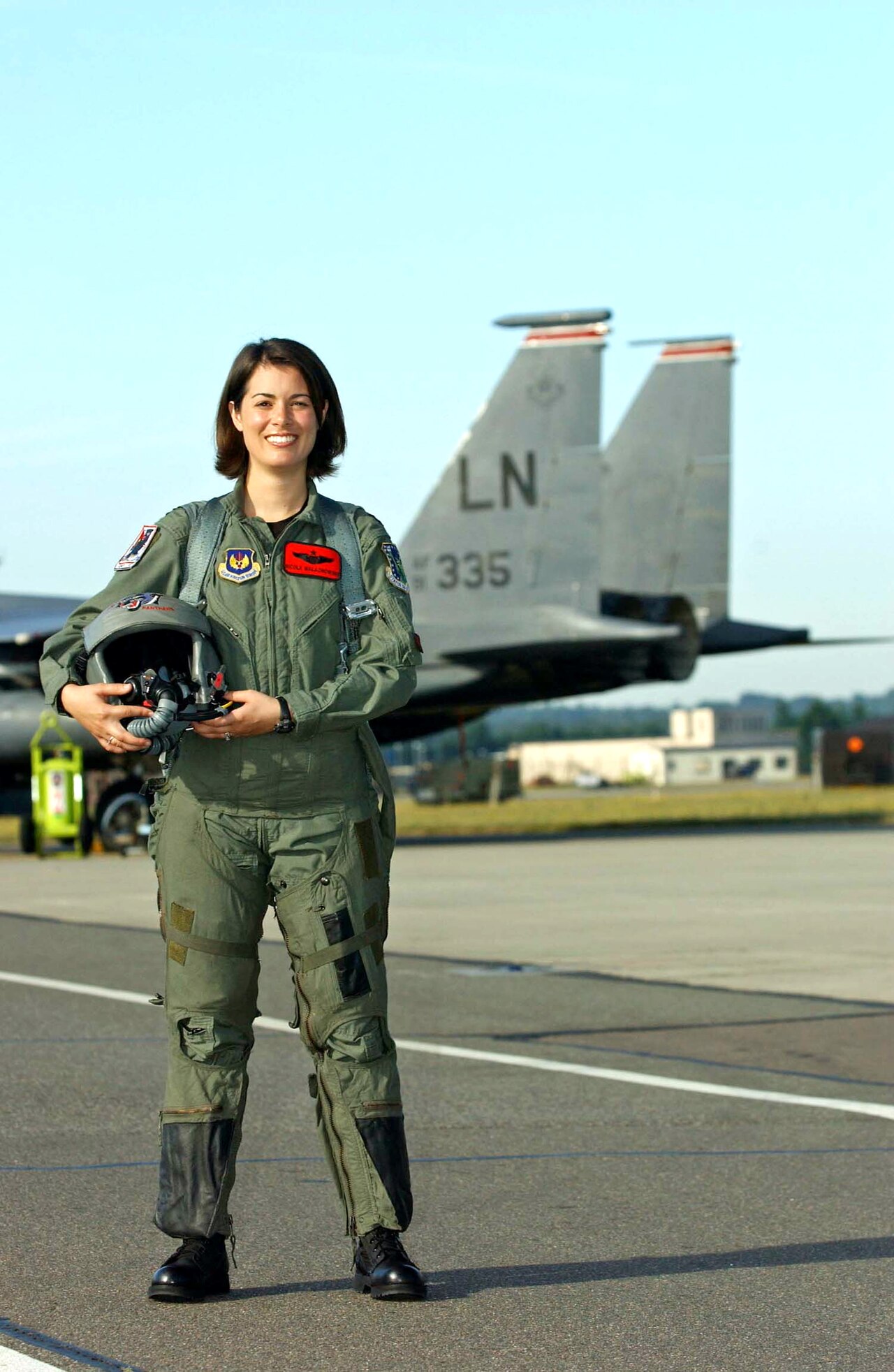 Capt. Nicole Malachowski in front of an F-15E Strike Eagle at RAF Lakenheath in June 2005