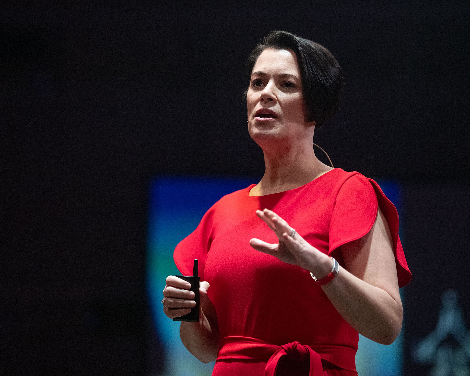 Retired Col. Nicole Malachowski speaking at the Tulsa Air National Guard Base in 2023