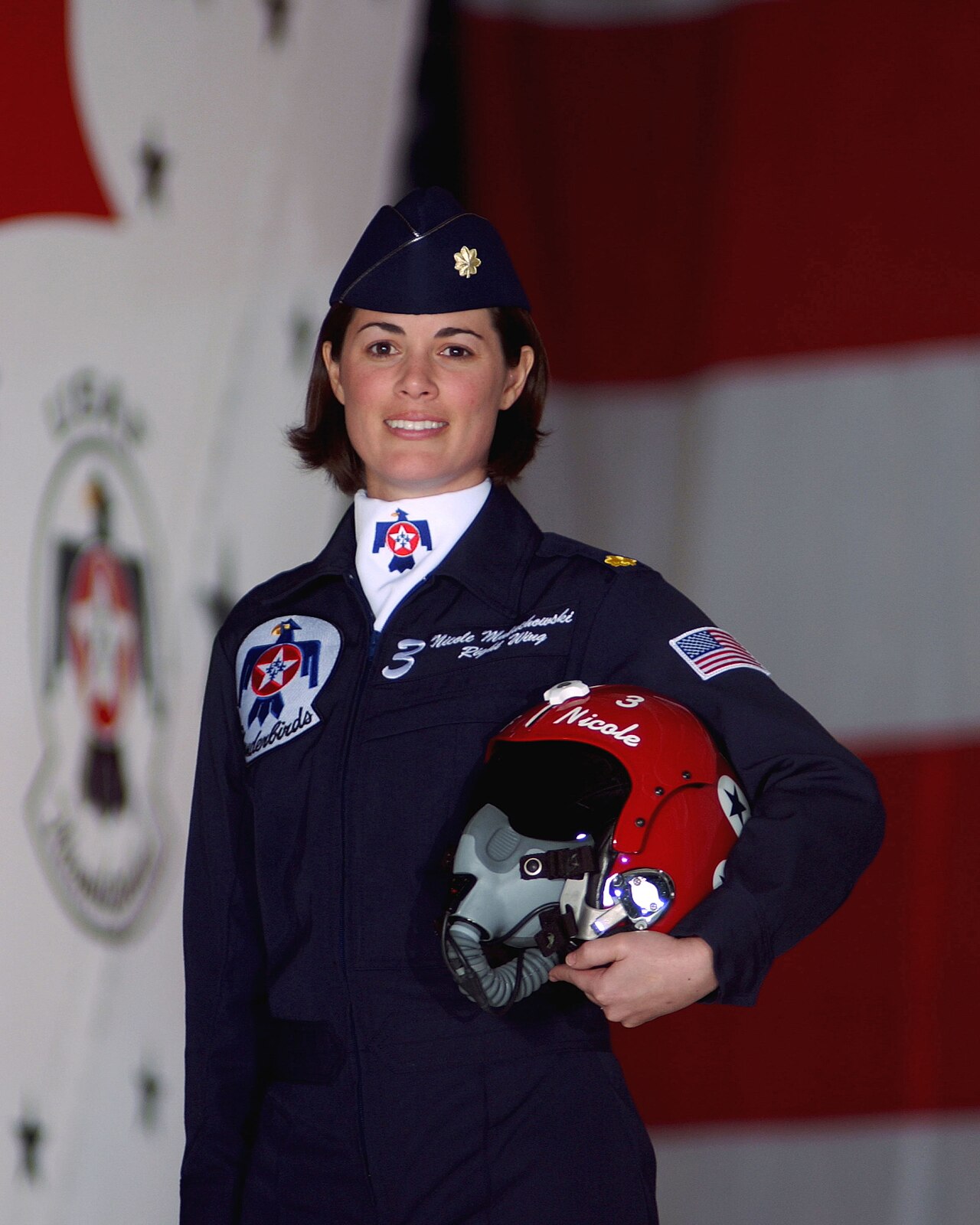 Maj. Nicole Malachowski in her Thunderbirds flight suit as Thunderbird 3, Right Wing