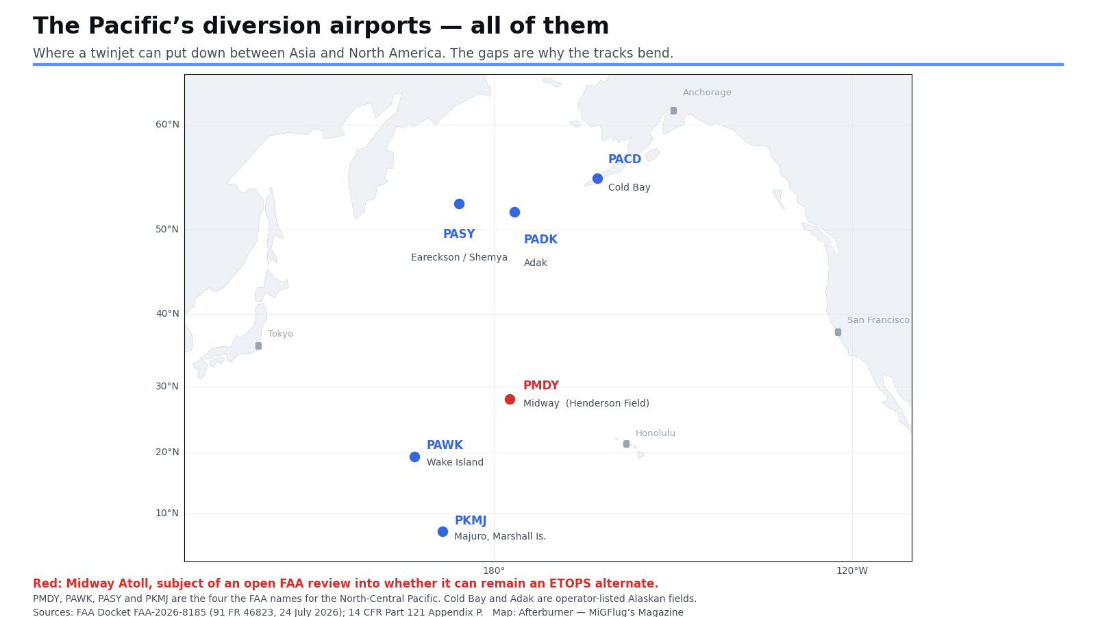 Map of the published ETOPS alternate airports across the North and Central Pacific
