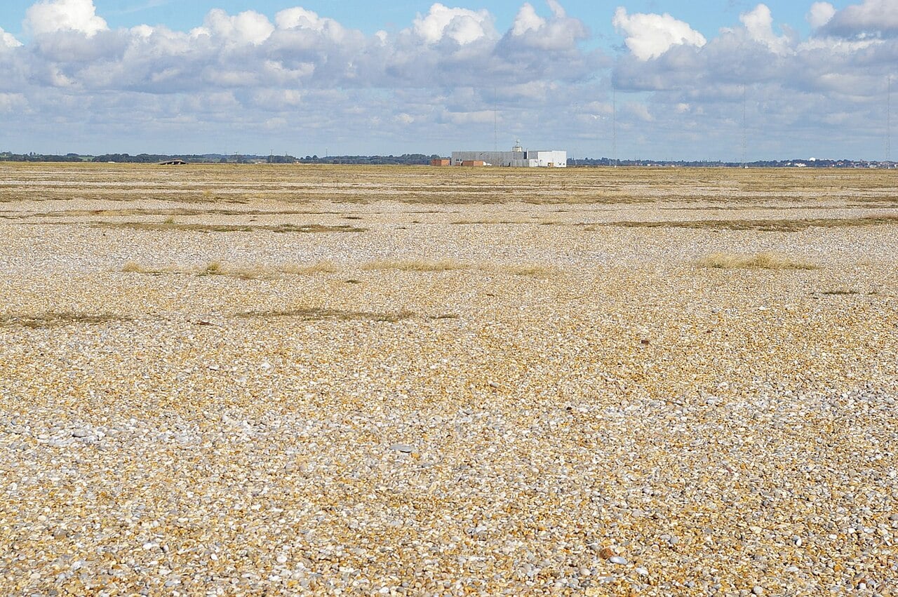 View across the shingle of Orford Ness towards the Cobra Mist site