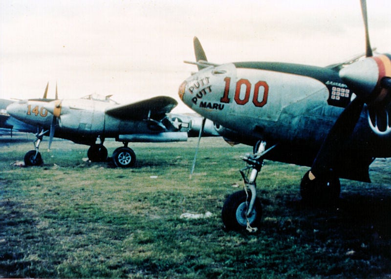 A line of P-38 Lightning fighters of the 475th Fighter Group in the South Pacific during the Second World War