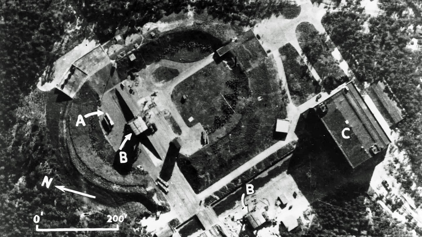 Annotated Royal Air Force aerial reconnaissance photograph of Peenemunde Test Stand VII taken in June 1943