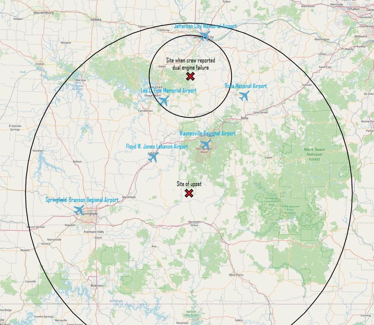 Map of the gliding range of Pinnacle Airlines Flight 3701