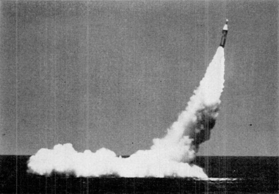 A Polaris ballistic missile breaking the surface during the first submerged launch
