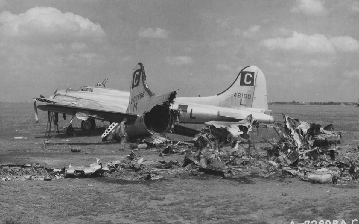 Eighth Air Force B-17 Flying Fortresses destroyed on the ground at Poltava airfield, Ukraine, June 1944