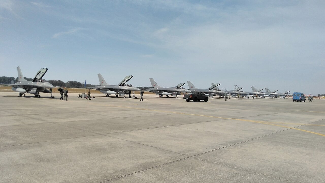 A line of Portuguese Air Force F-16 fighters parked at Monte Real Air Base