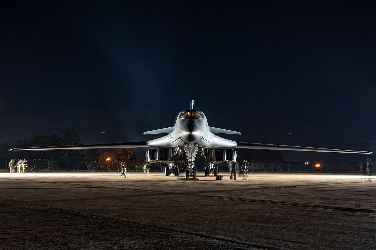 B-1B Lancer on the flightline at RAF Fairford at night