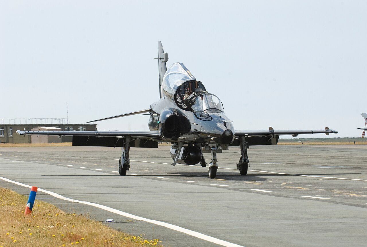 A Royal Air Force Hawk T2 on the ground at RAF Valley