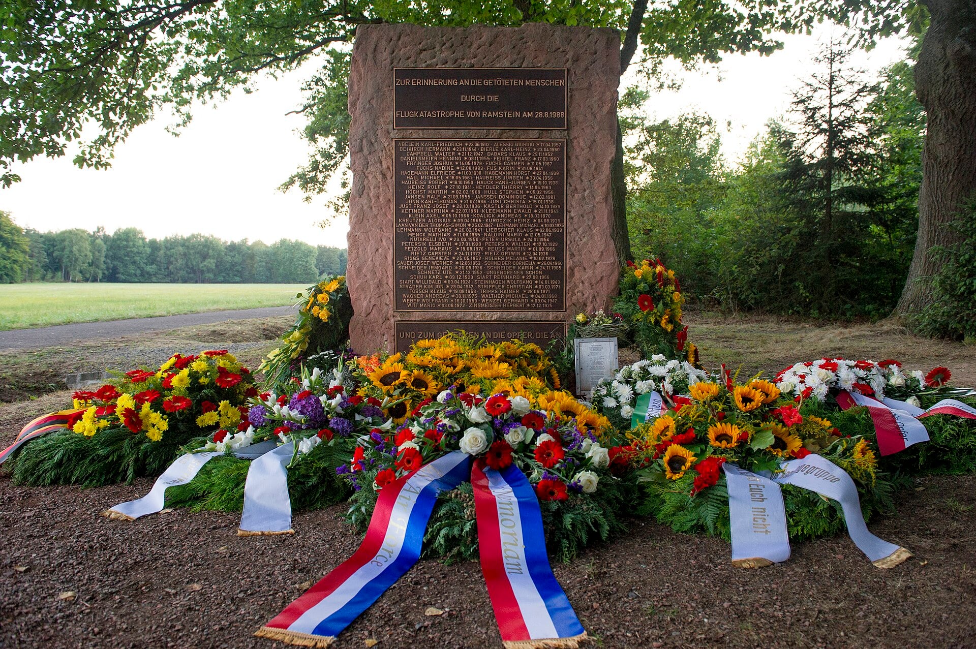 The Ramstein memorial stone with wreaths on the twenty-fifth anniversary
