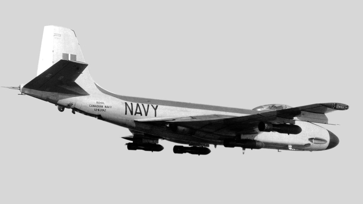 RCN McDonnell F2H-3 Banshee 126392 armed, late 1950s Royal Canadian Navy McDonnell F2H-3 Banshee 126392 in flight with underwing bombs and rockets