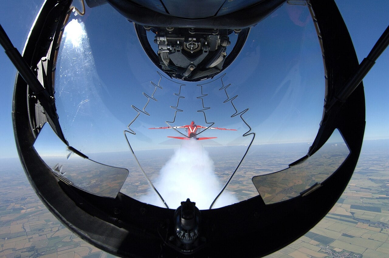 Red Arrows pilot’s view through a Hawk canopy over RAF Scampton