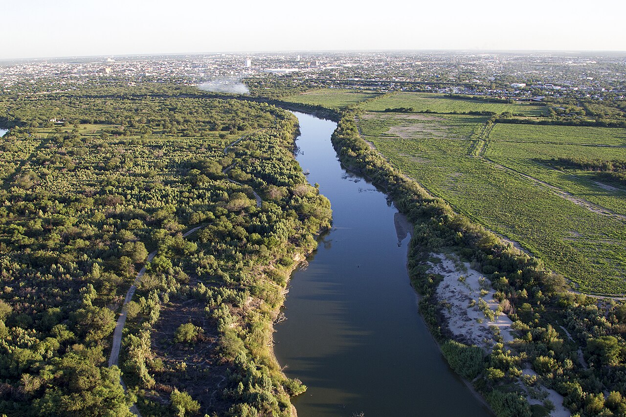 Aerial view of the Rio Grande river winding through the South Texas border landscape