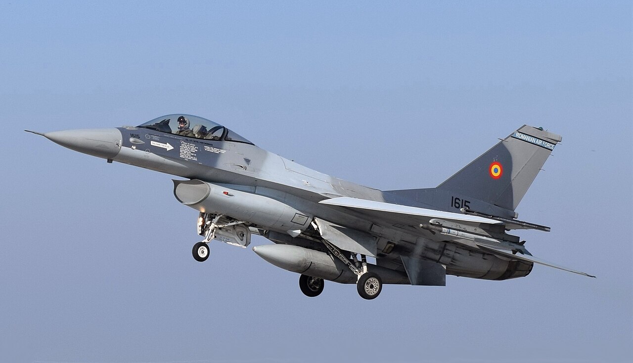 Romanian Air Force F-16 landing at Borcea Air Base