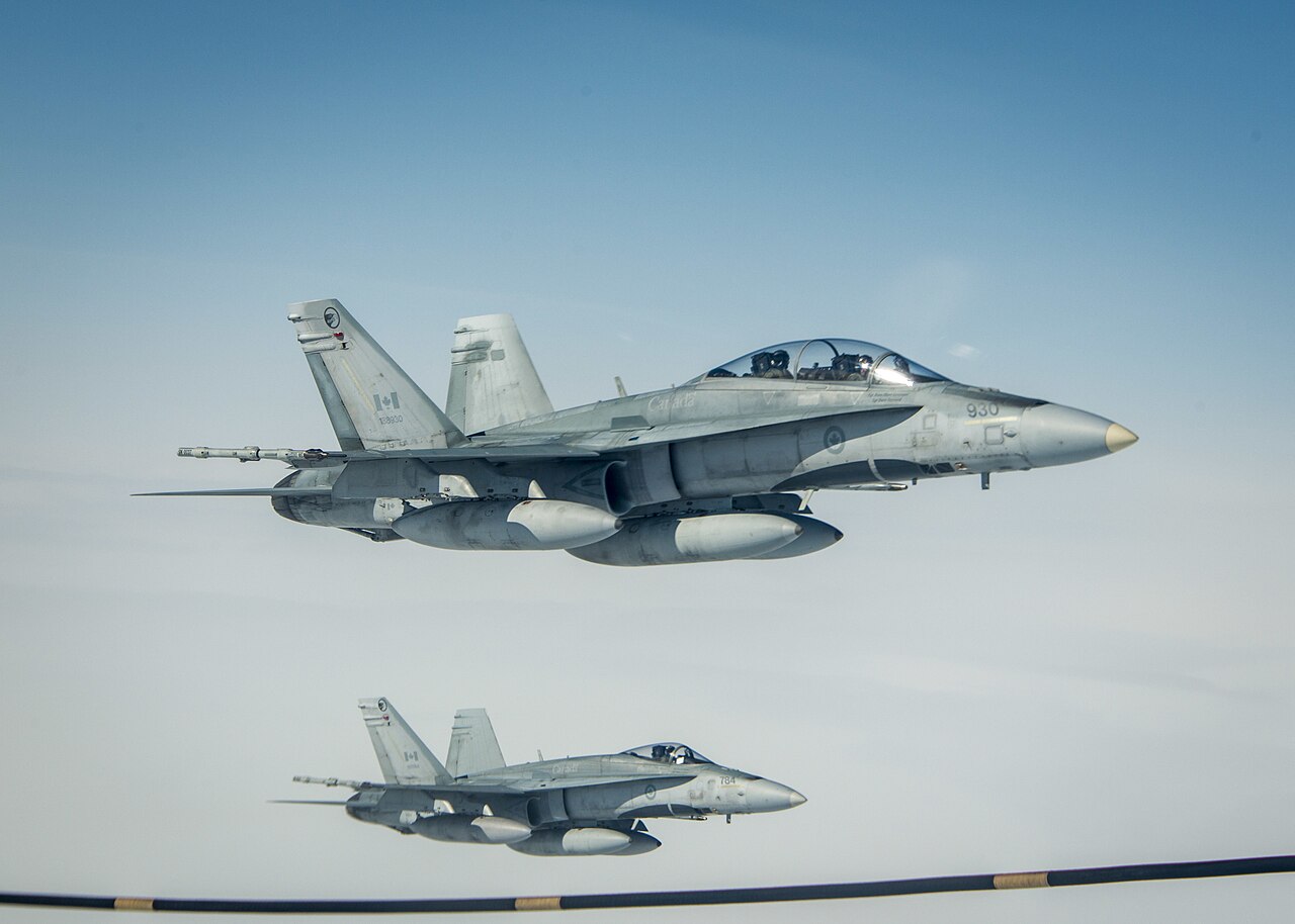 A pair of Royal Canadian Air Force CF-18 Hornets in formation
