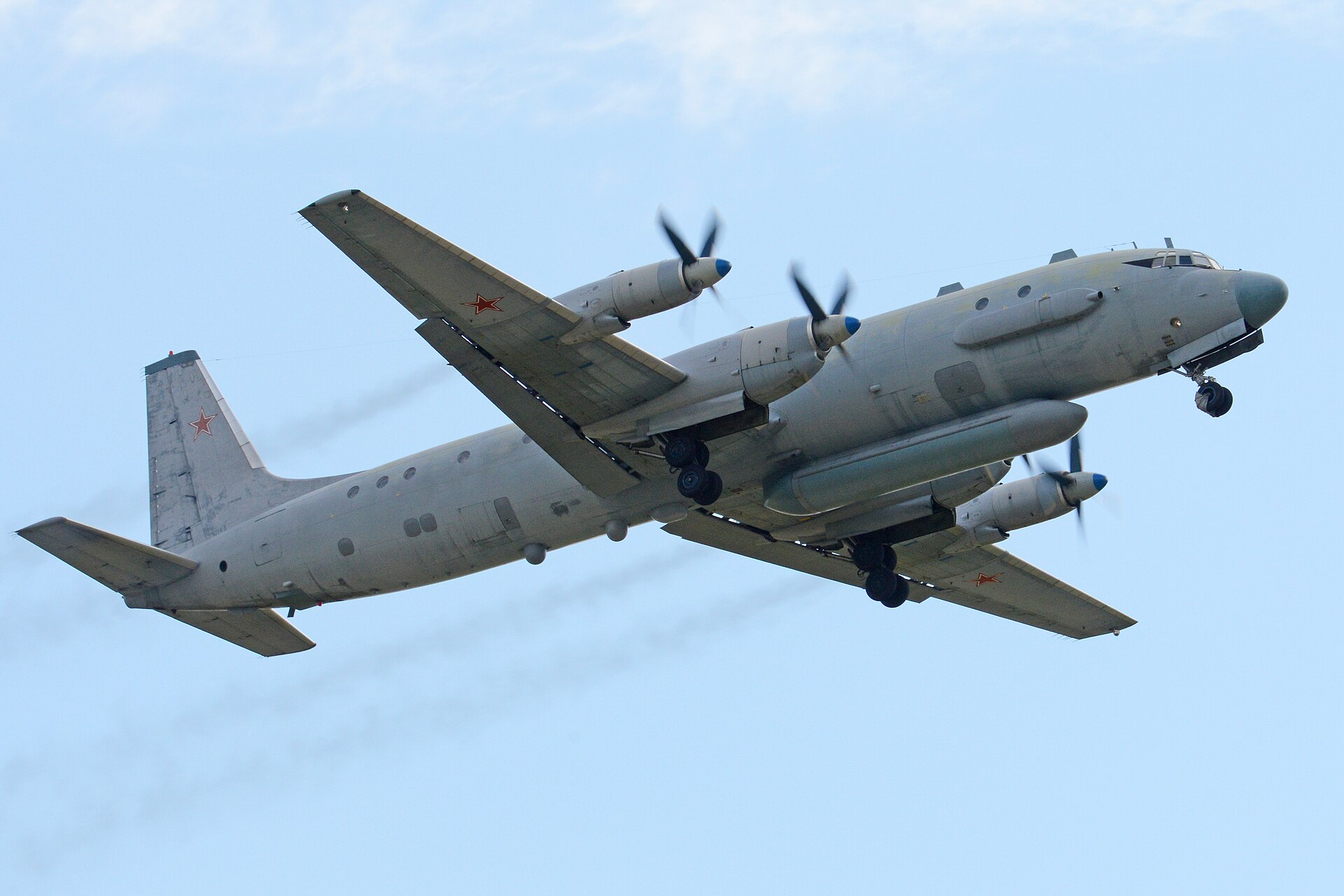 Russian Air Force Ilyushin Il-20M Coot-A electronic intelligence aircraft banking in flight