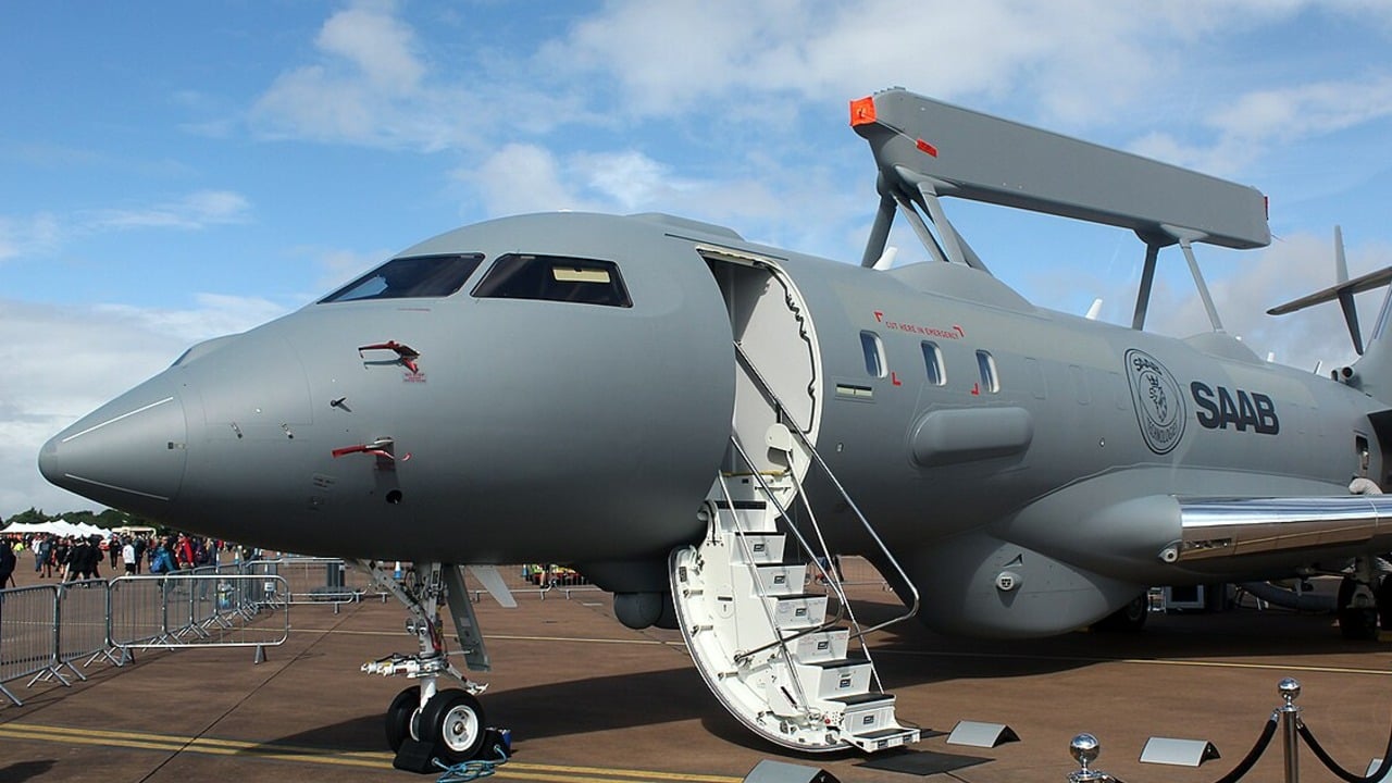 Saab GlobalEye SE-RMS at RIAT 2023 Saab GlobalEye SE-RMS on static display, showing the dorsal Erieye ER radar fairing