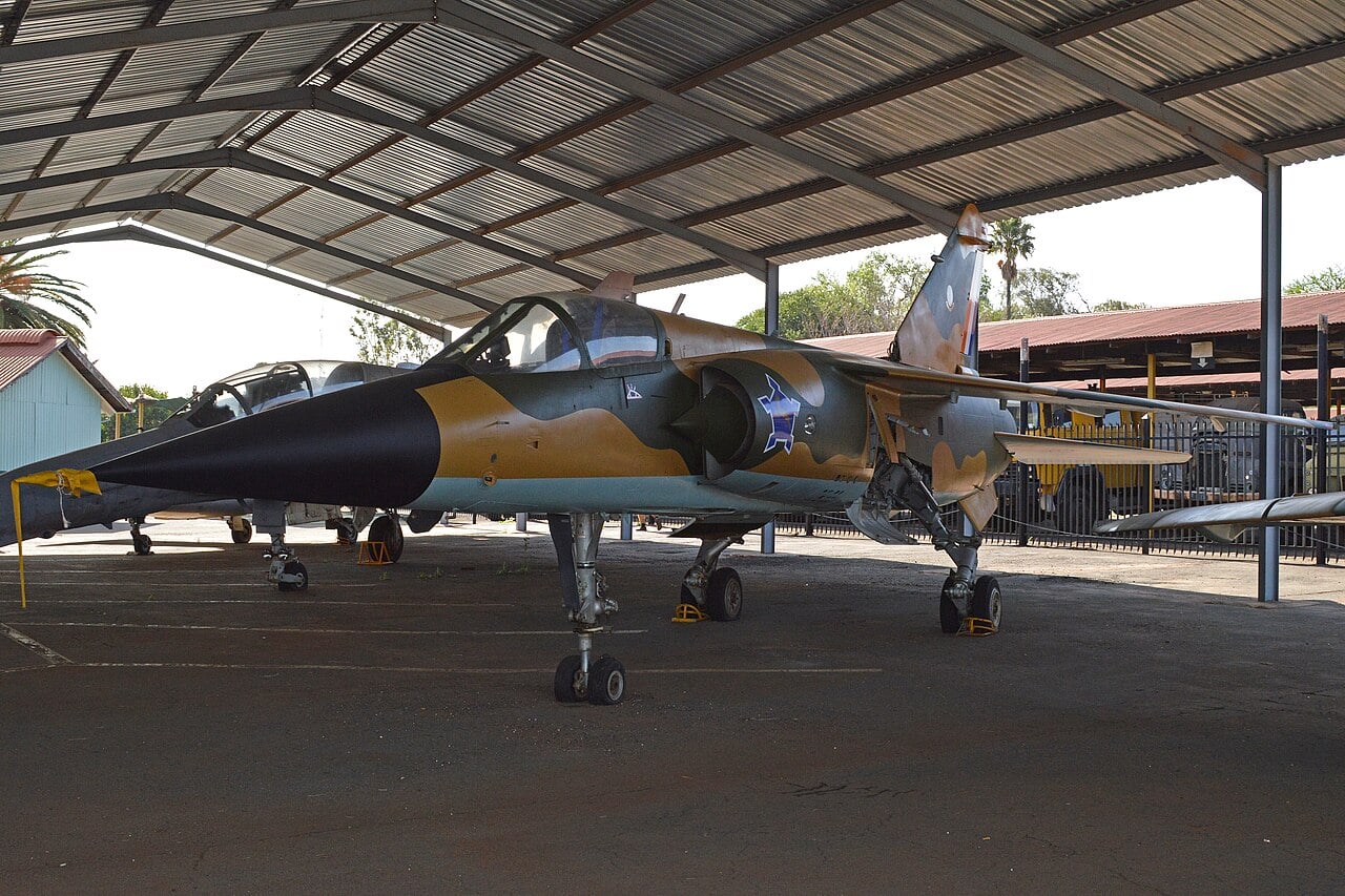 A South African Air Force Dassault Mirage F1CZ in brown and green Border War camouflage
