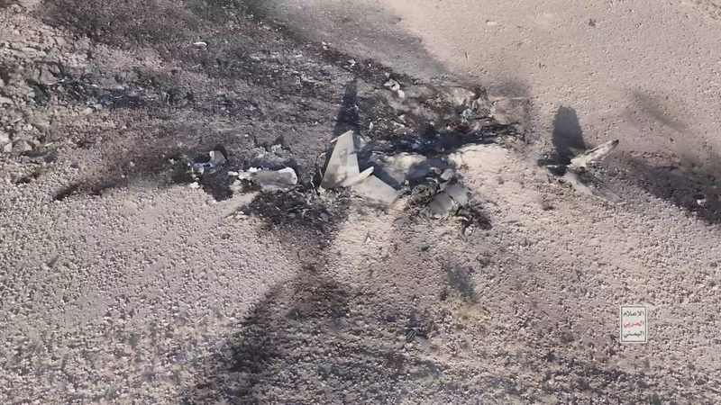 Aerial view of the burnt-out wreckage of a Royal Saudi Air Force F-15 in Marib governorate
