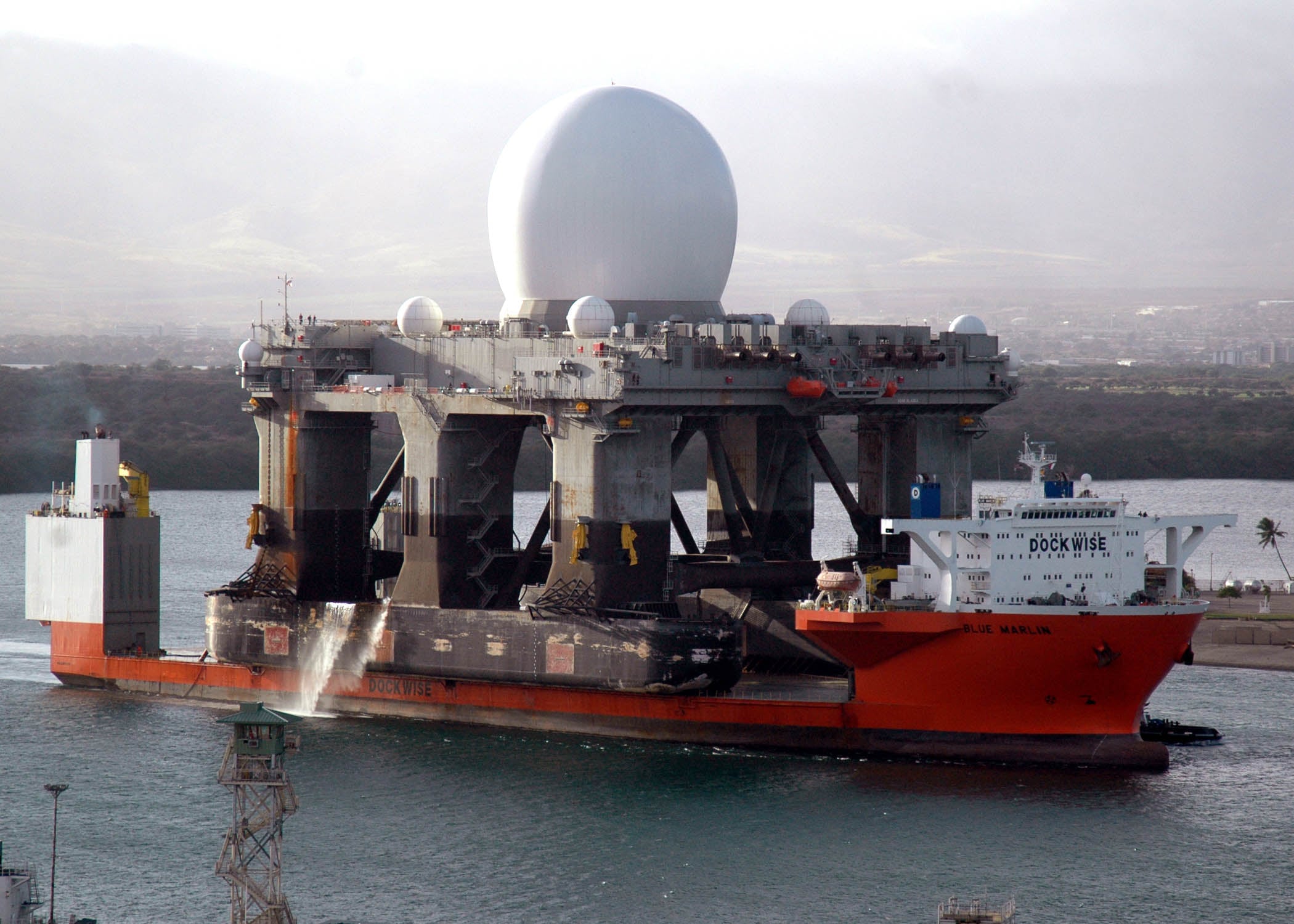 The heavy lift vessel MV Blue Marlin carrying the Sea-Based X-Band Radar into Pearl Harbor