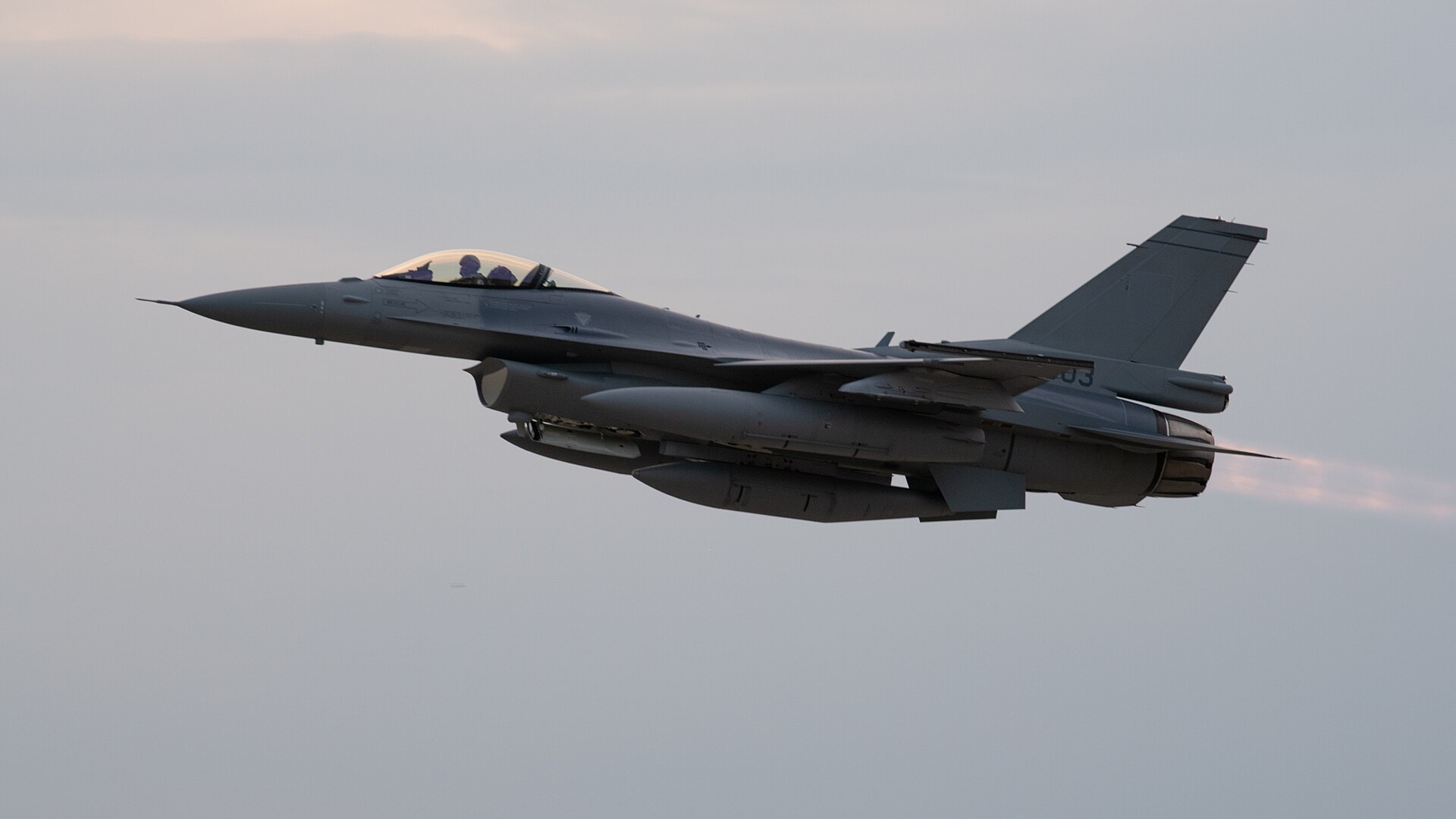 An F-16C Block 70 performing a low pass over Malacky Air Base in Slovakia