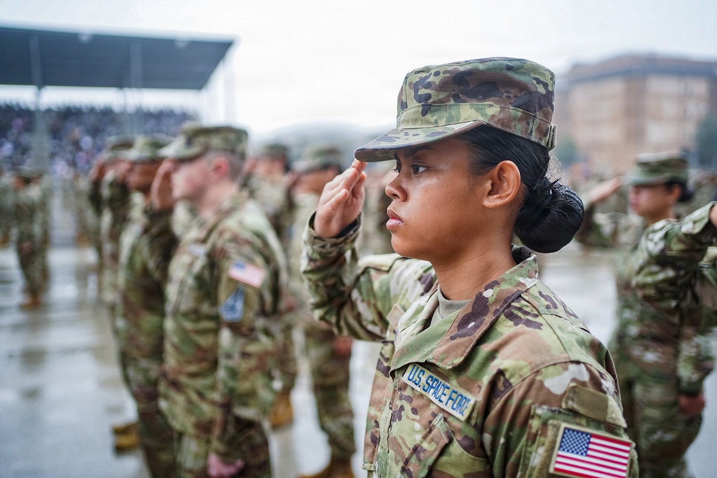 US Space Force Guardian salutes during a retreat ceremony at Lackland
