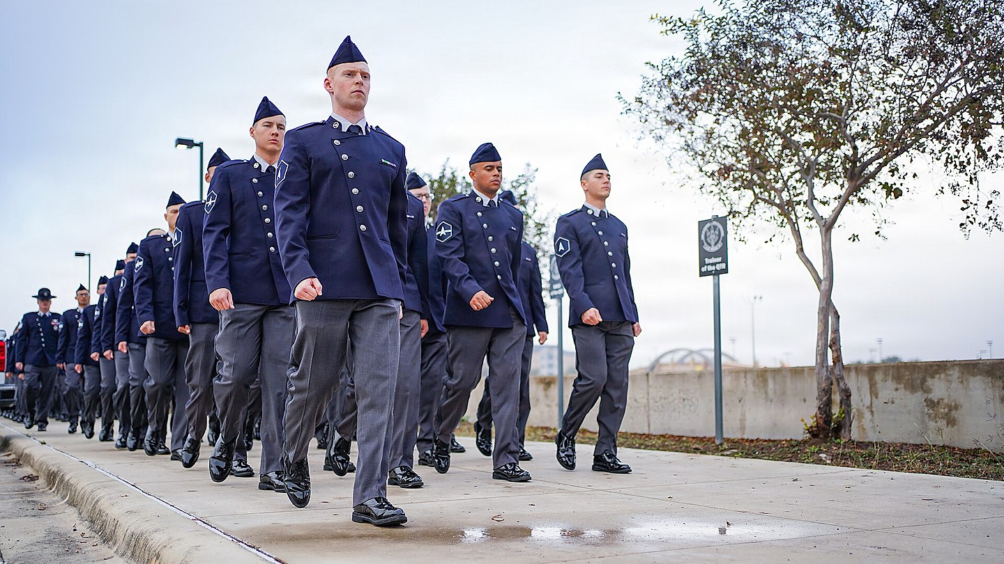 Space Force Guardians march to BMT graduation, Lackland US Space Force Guardians in service dress march to Basic Military Training graduation at JBSA-Lackland