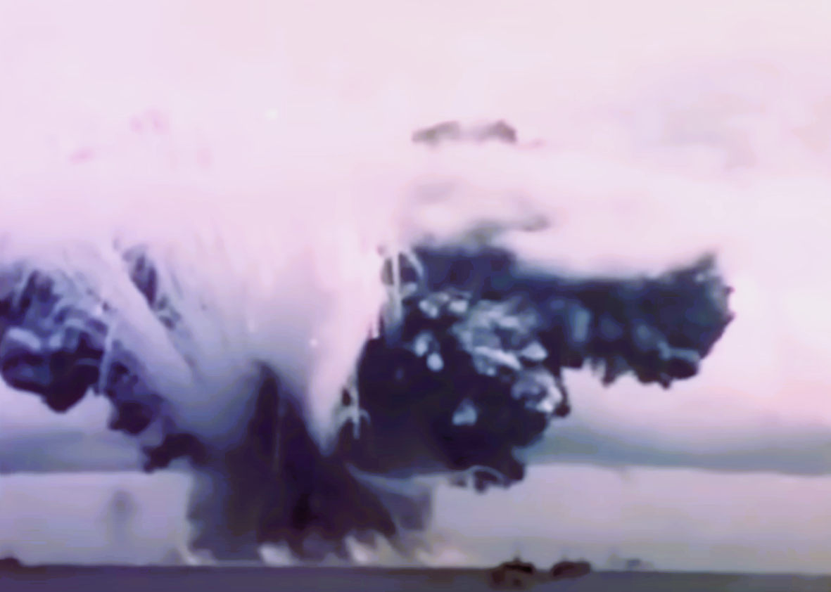 Frame from US Navy film of the Liberty ship SS John Burke during the kamikaze attack of 28 December 1944