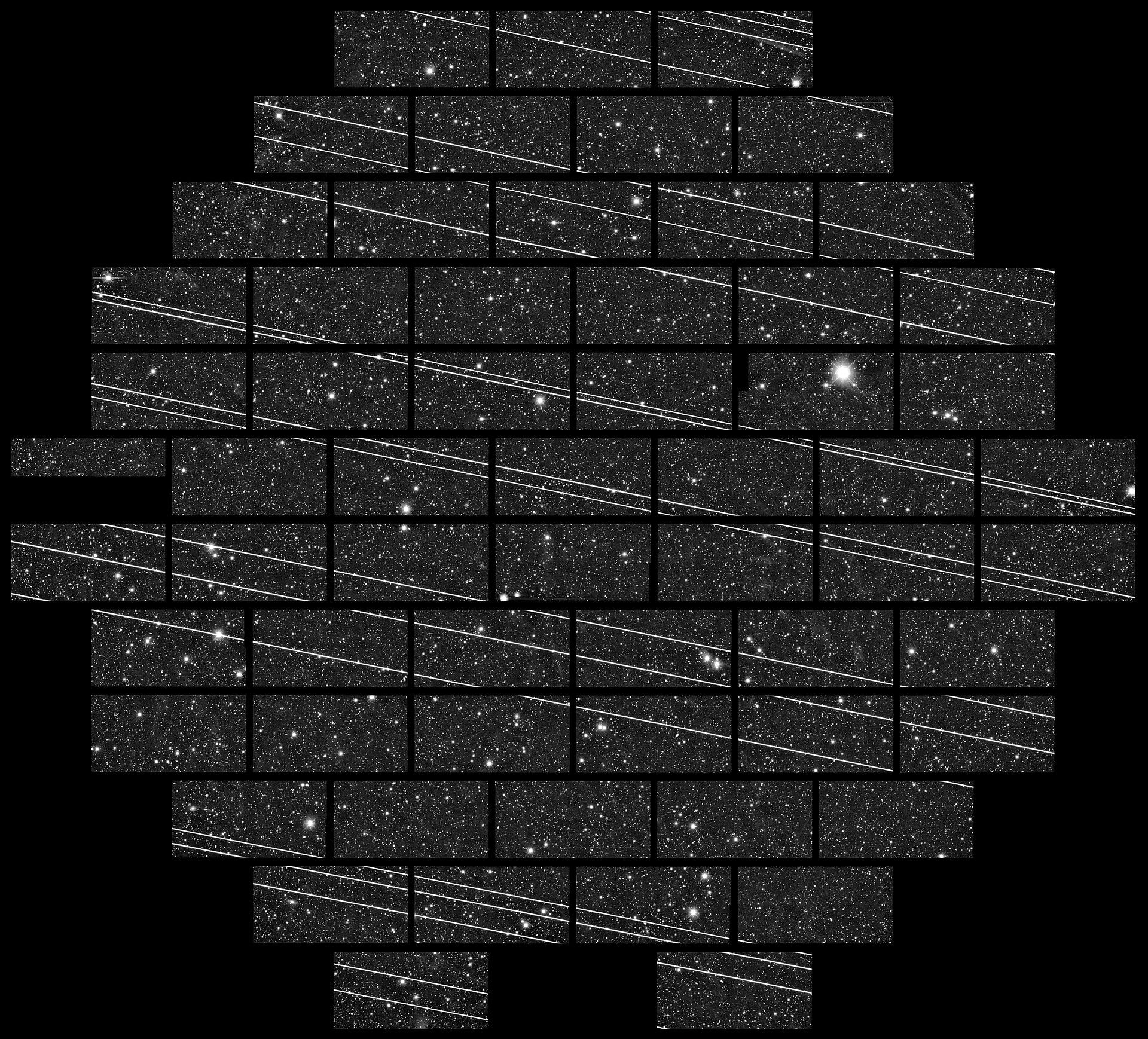A long-exposure telescope image showing Starlink satellite trails across the night sky