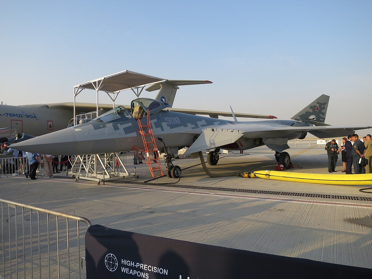 Su-57E export fighter on static display at an international airshow