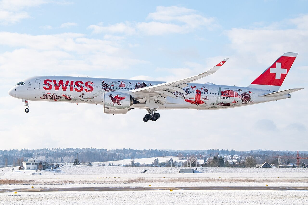 Swiss International Air Lines Airbus A350-900 HB-IFA in the Wanderlust special livery landing at Zurich Airport