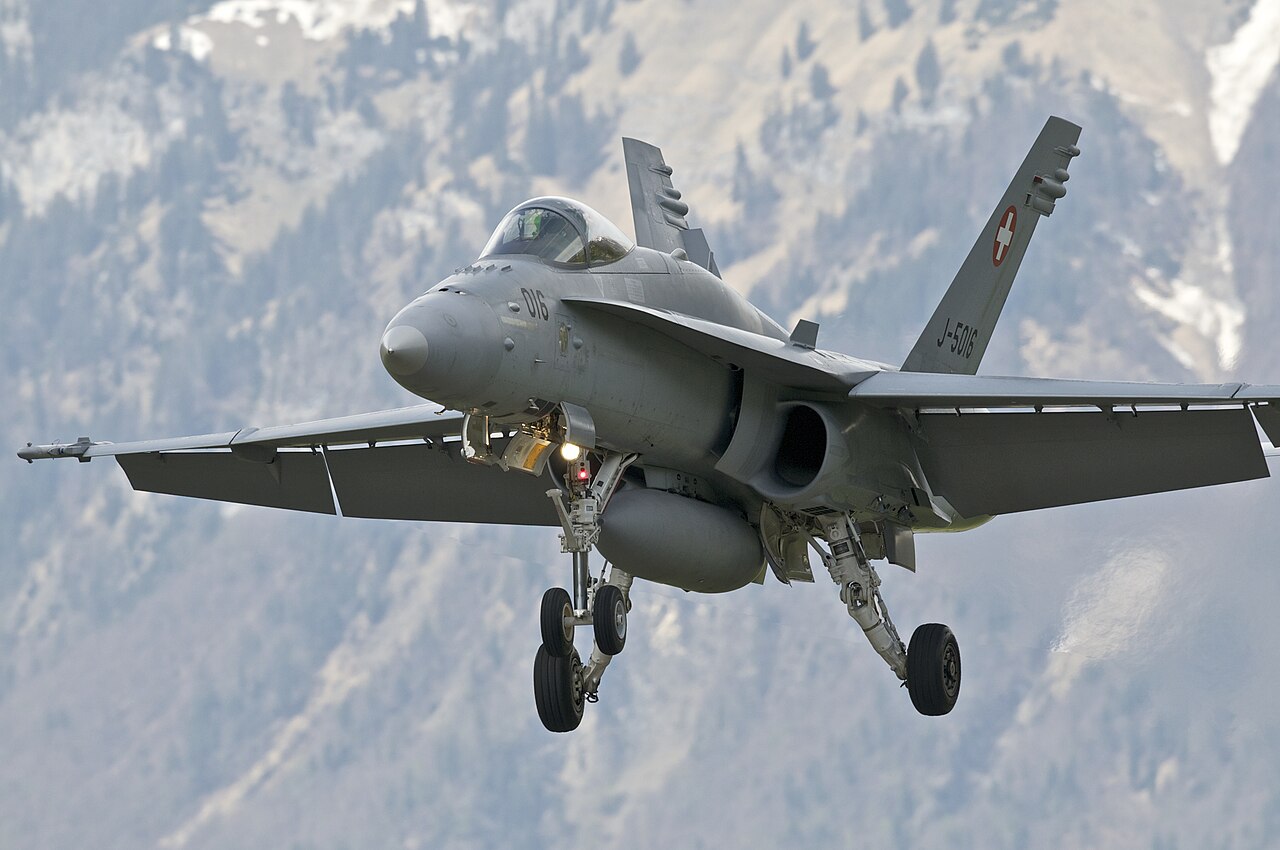 A Swiss Air Force F/A-18 Hornet landing at Meiringen air base