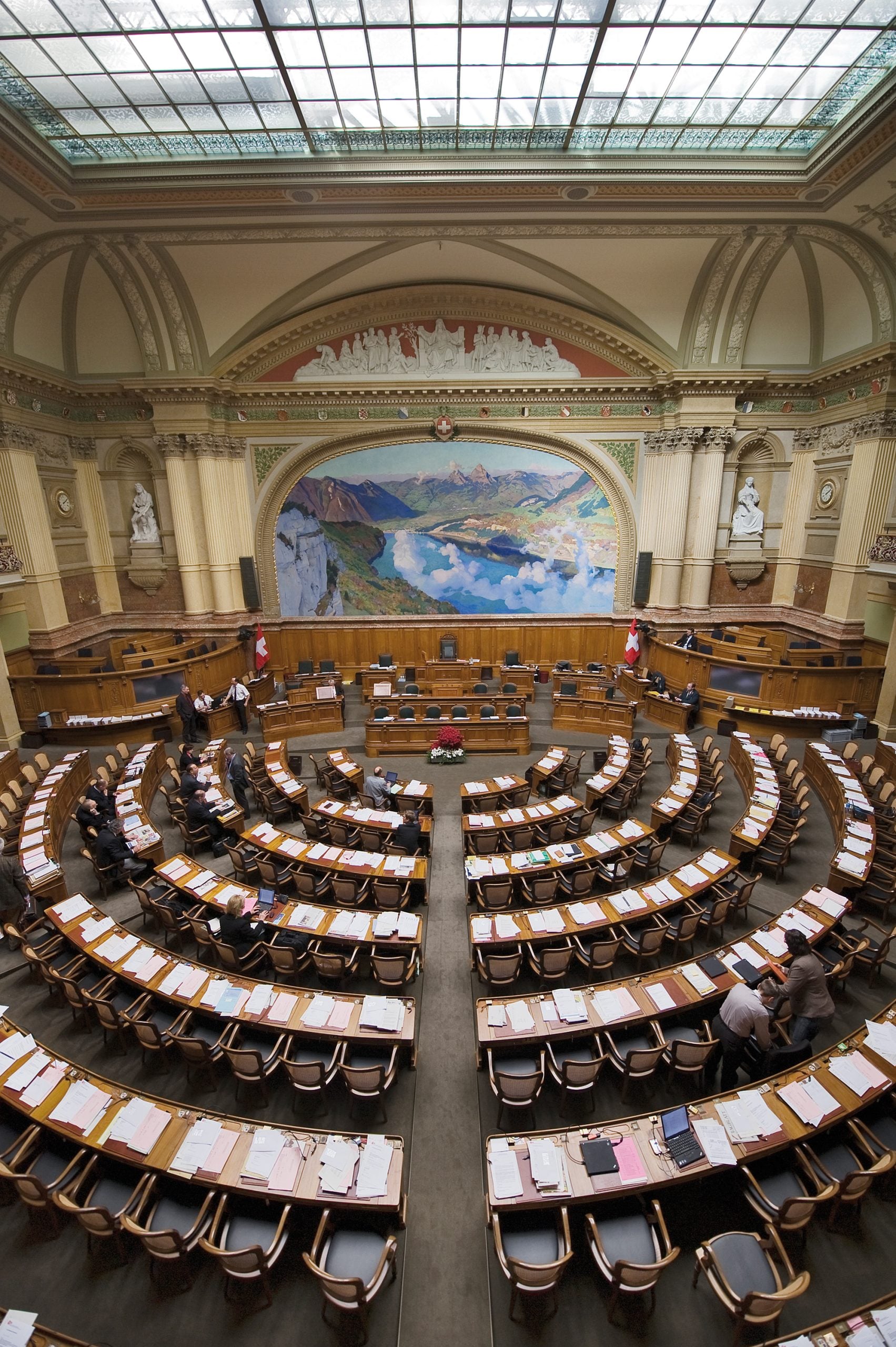 The Nationalrat chamber in the Swiss parliament building in Bern