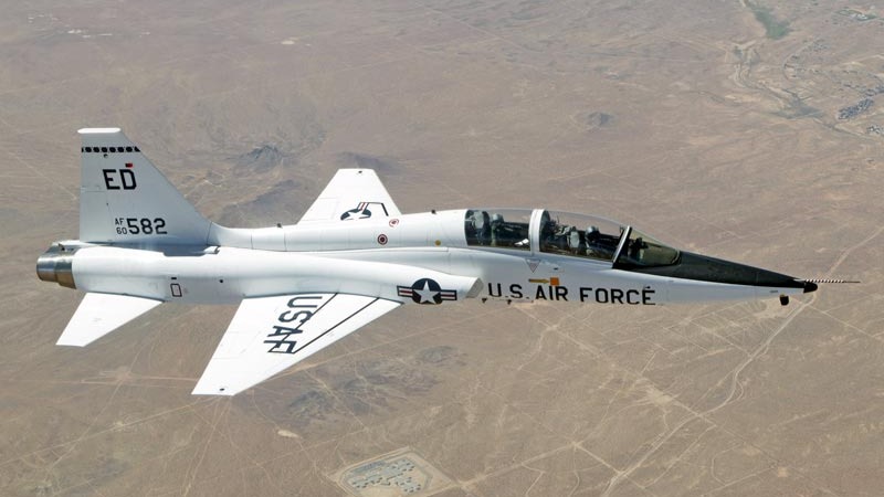 A T-38 Talon trainer in flight over Edwards Air Force Base