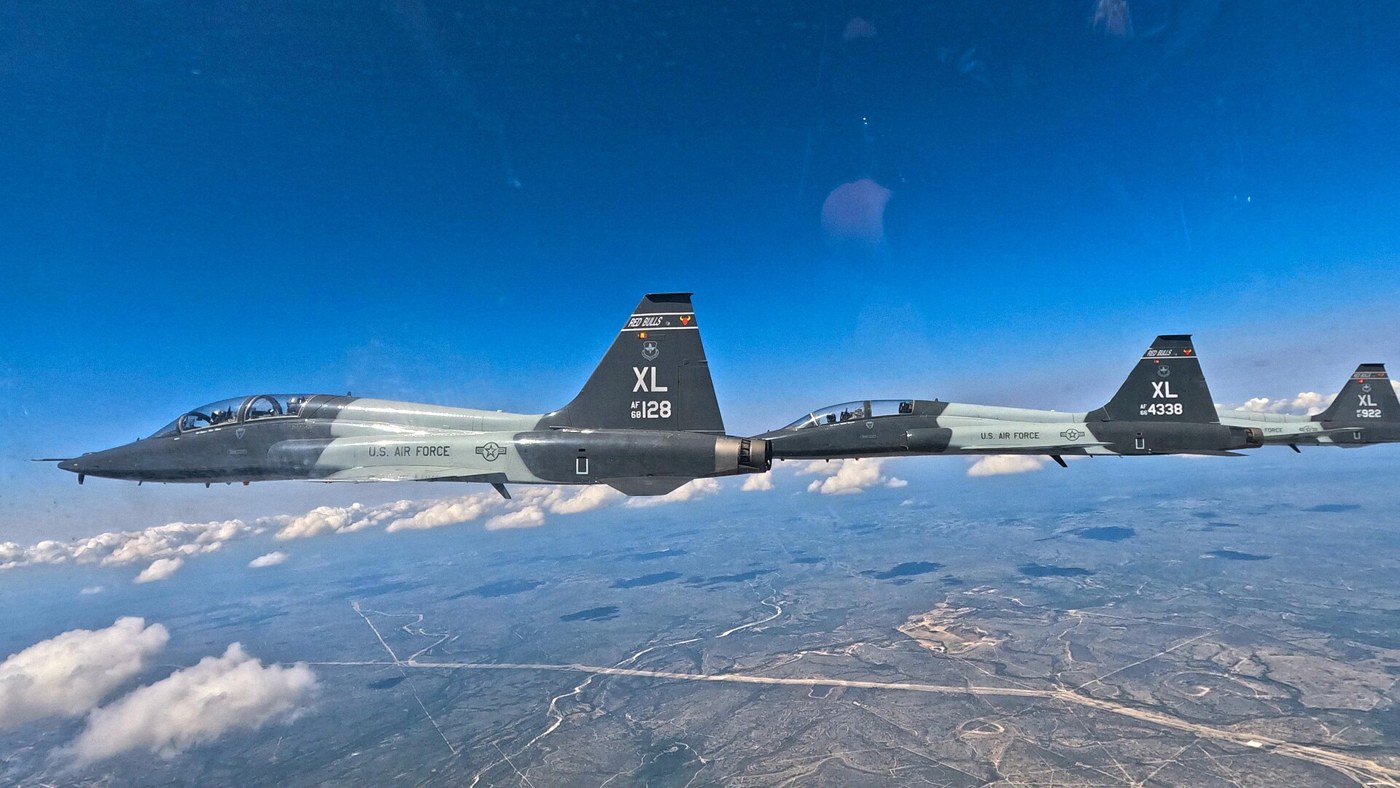 Three T-38C Talon trainers in formation over Laughlin Air Force Base