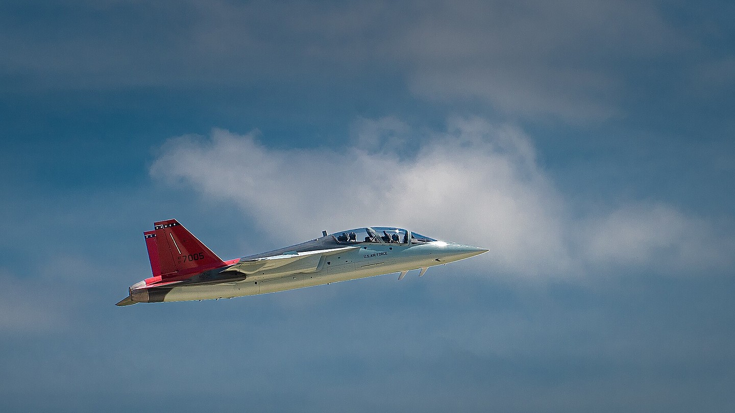 Boeing T-7A Red Hawk takes off from JBSA-Randolph Boeing T-7A Red Hawk trainer taking off from Joint Base San Antonio-Randolph, Texas