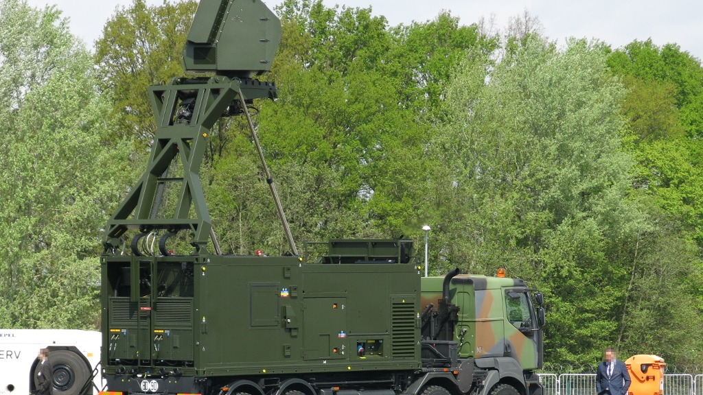 A Thales Ground Master 200 mobile air defence radar with its antenna raised