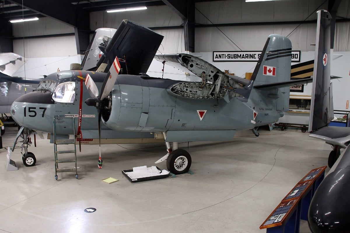 Preserved Canadian Forces CP-121 Tracker 12157 with wings folded at the Shearwater Aviation Museum