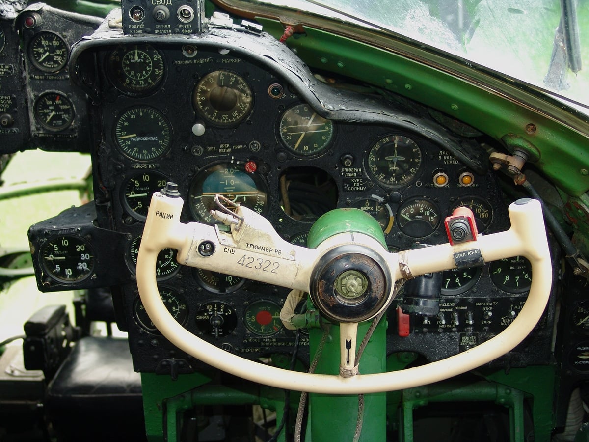 The cockpit of a Tupolev Tu-104