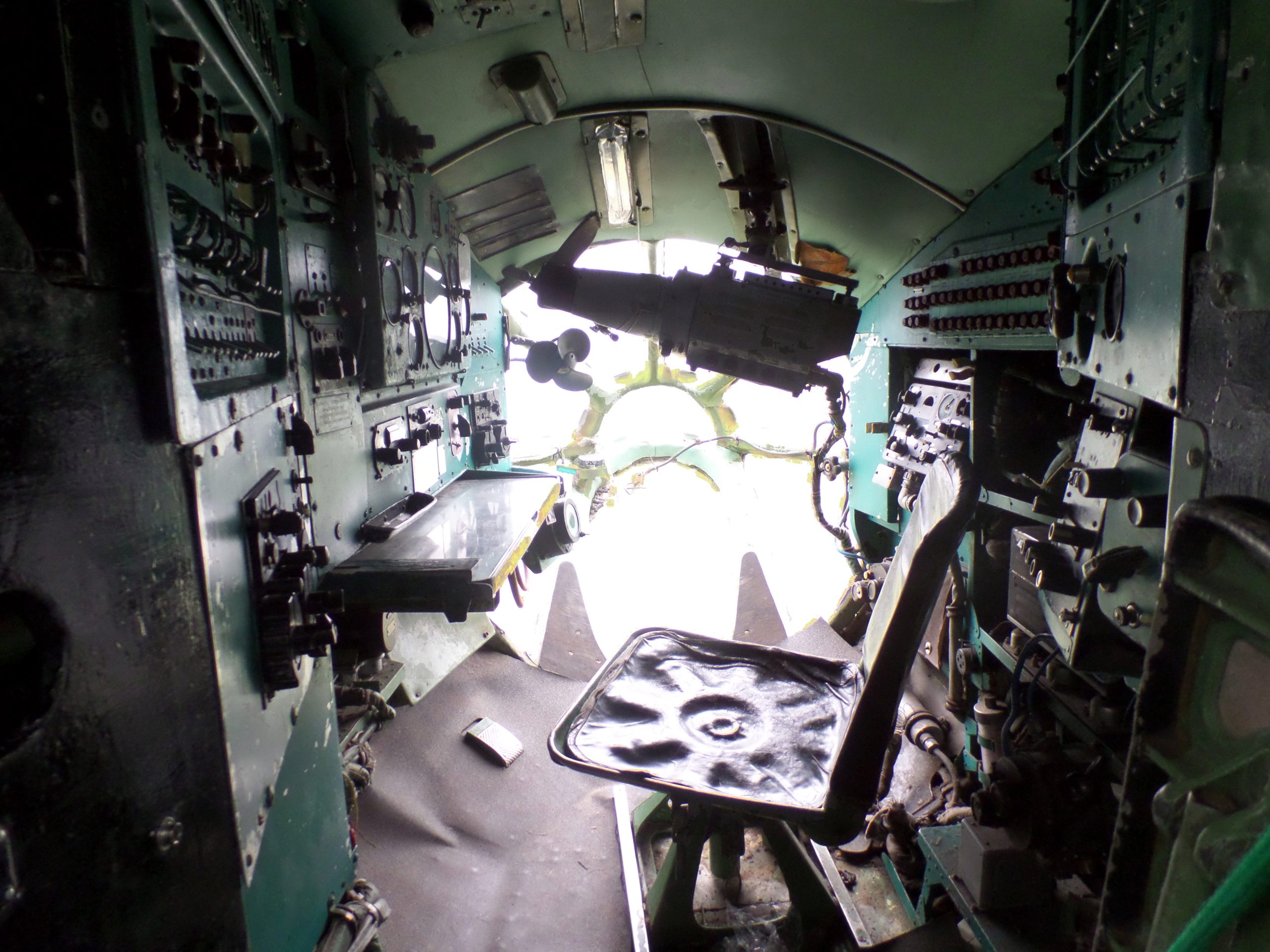 The navigator station in the glazed nose cone of Malev Tupolev Tu-134 HA-LBE at Aeropark Hungary