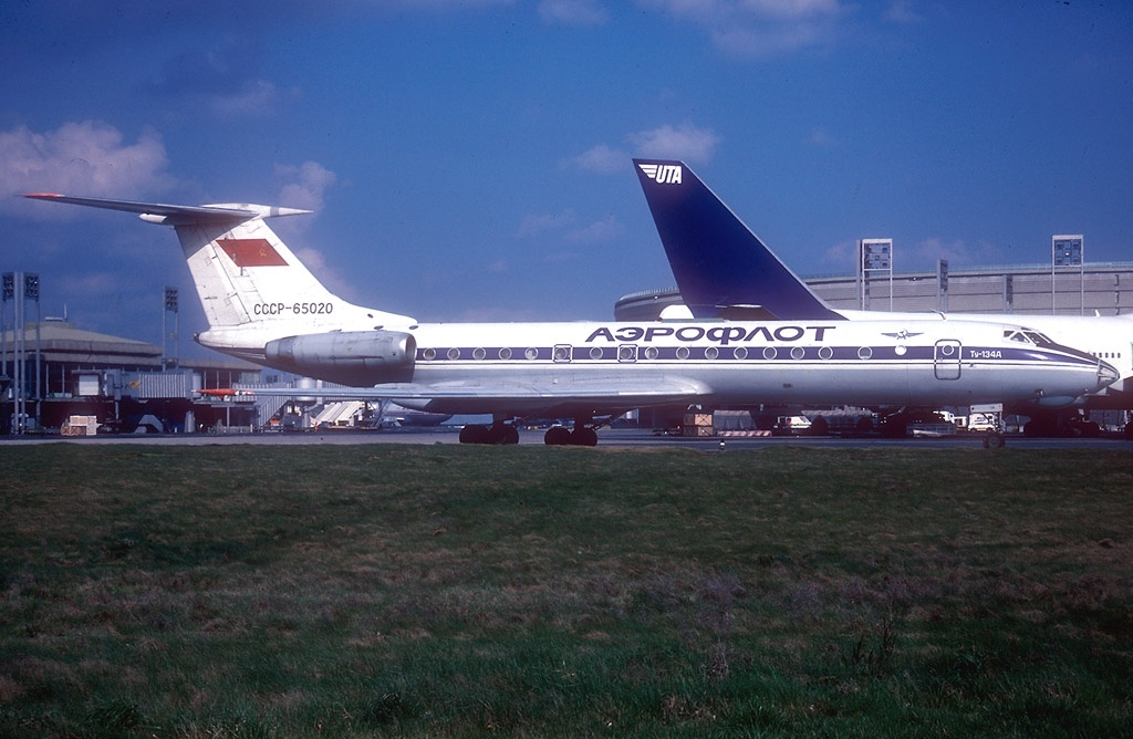A Tupolev Tu-134A twin-jet airliner in Aeroflot colours