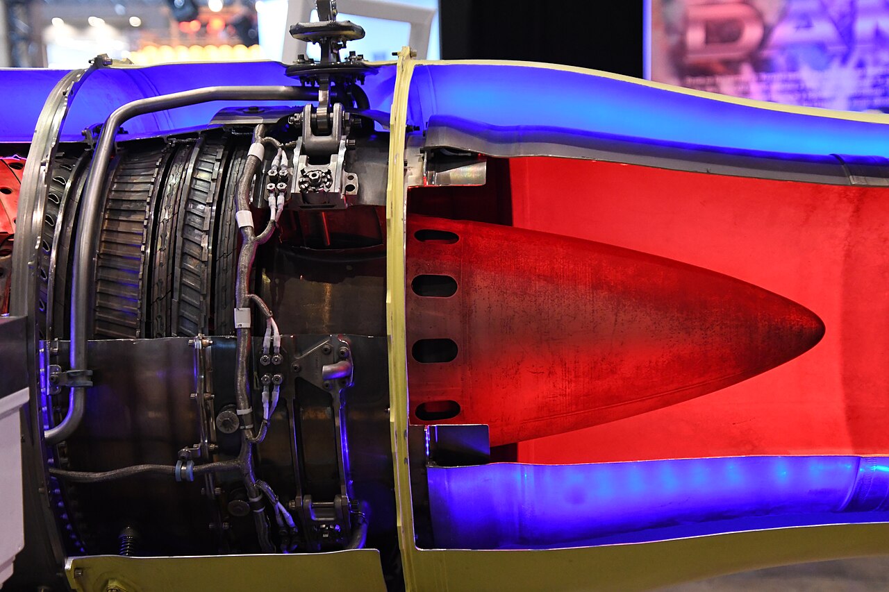 Cutaway of a turbofan engine showing compressor, combustor and turbine