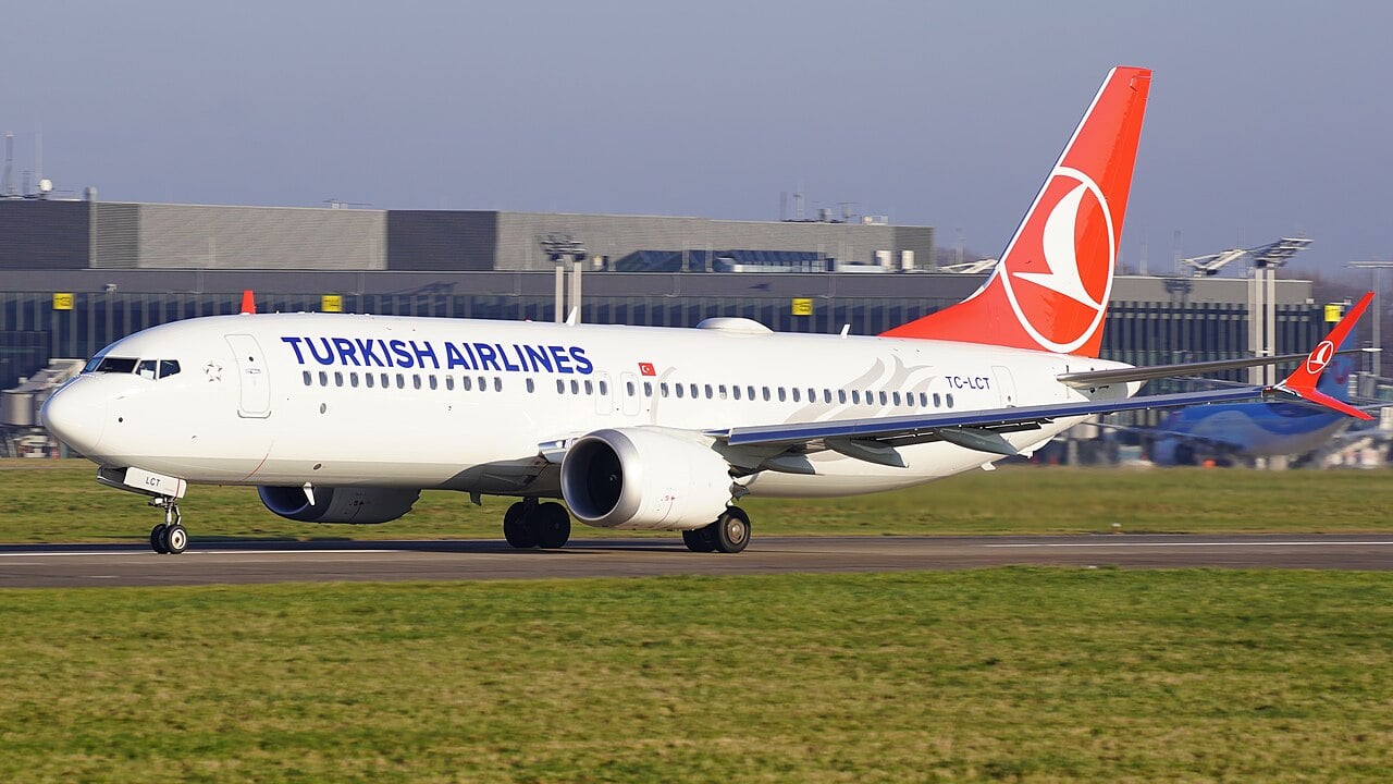 A Turkish Airlines Boeing 737-8 MAX registered TC-LCT on the runway at Hannover Airport